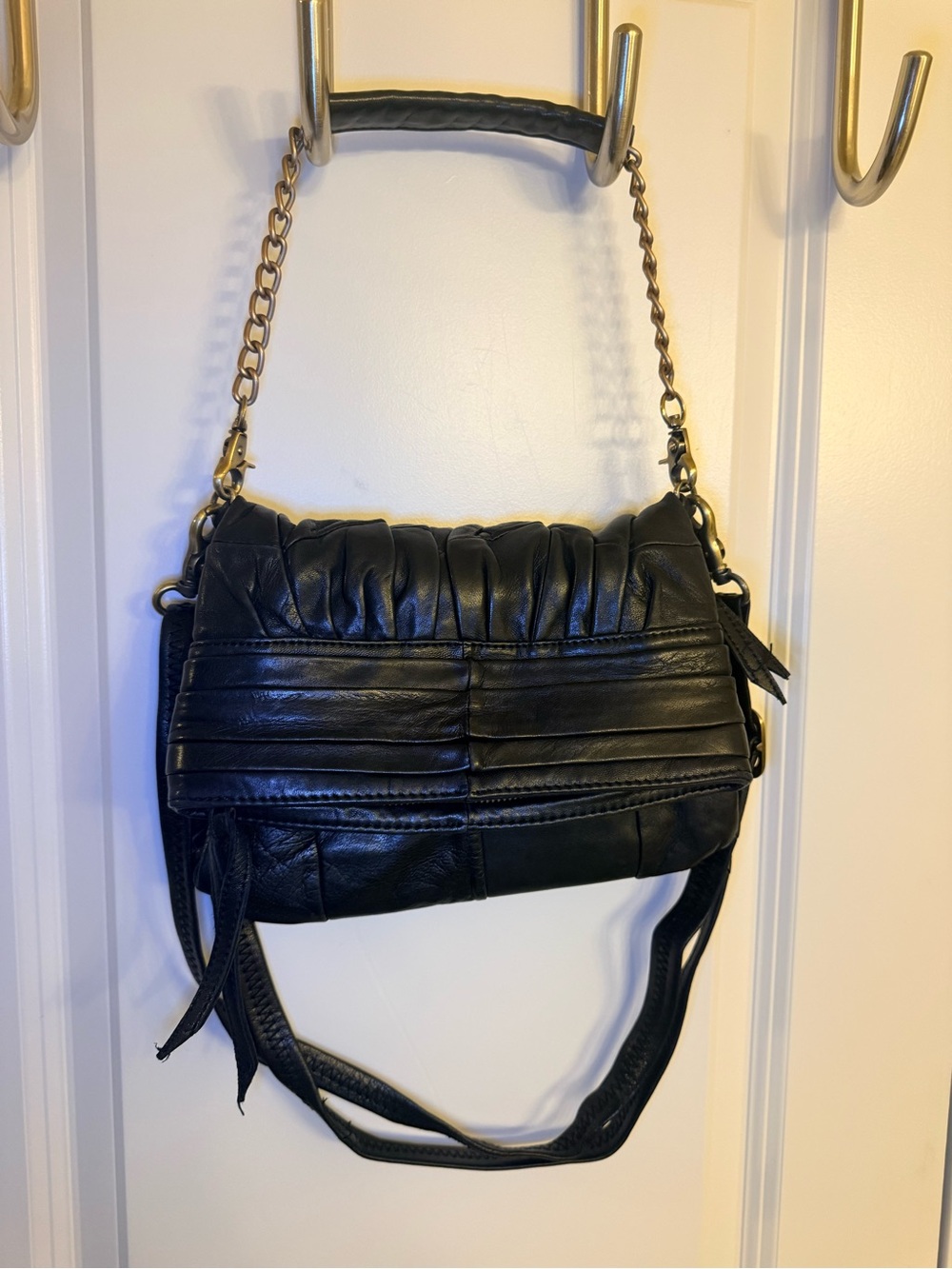 Monserat De Lucca Black Leather Ruched Crossbody with Gold Chain